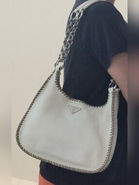 Prada Vintage White Leather Hobo Bag Y2K Chain Whipstitch Shoulder Purse